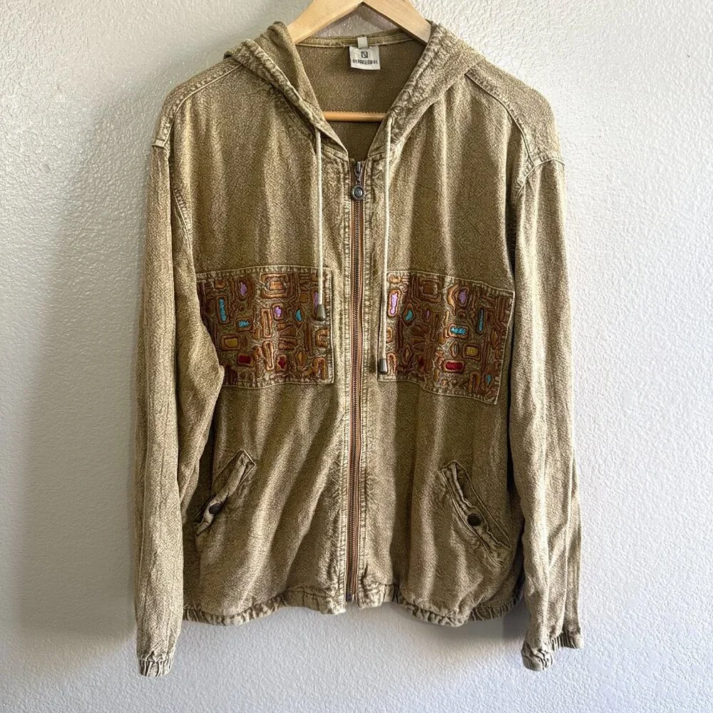 Vintage Y2K Boho Tan Camel 100% Cotton Embroidered Full Zip Hoodie
